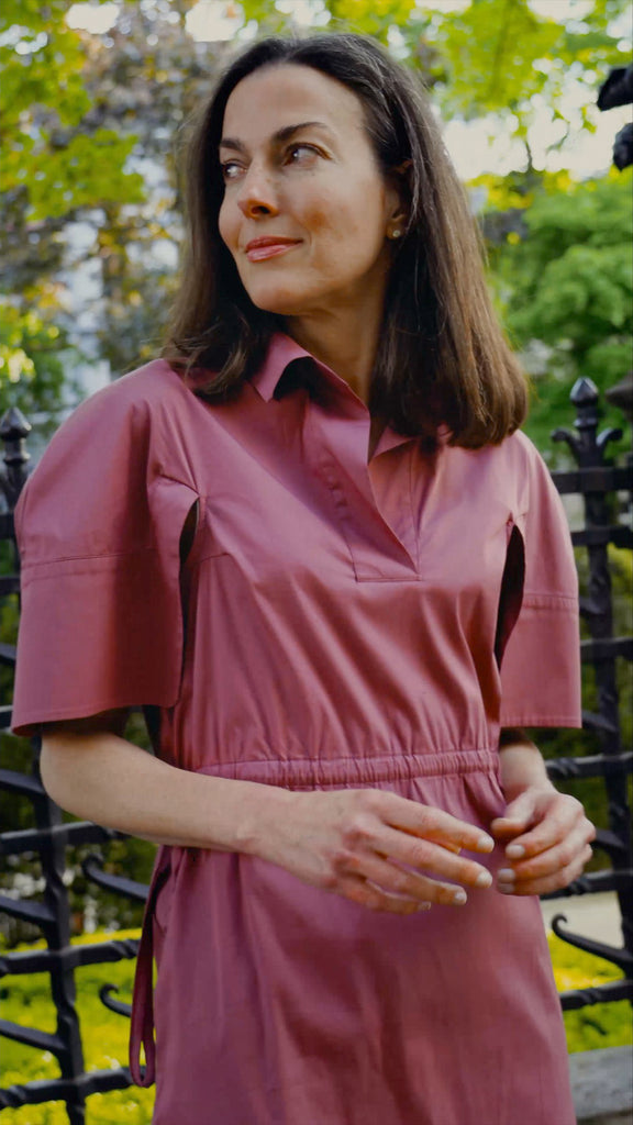 Aiko dress in Indian red poplin, featuring a gathered high waist and kimono sleeves