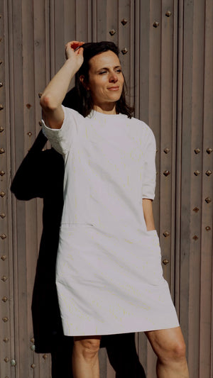 Dunja summer shift dress in off-white Japanese ramie-cotton blend with structured Ottoman sleeves