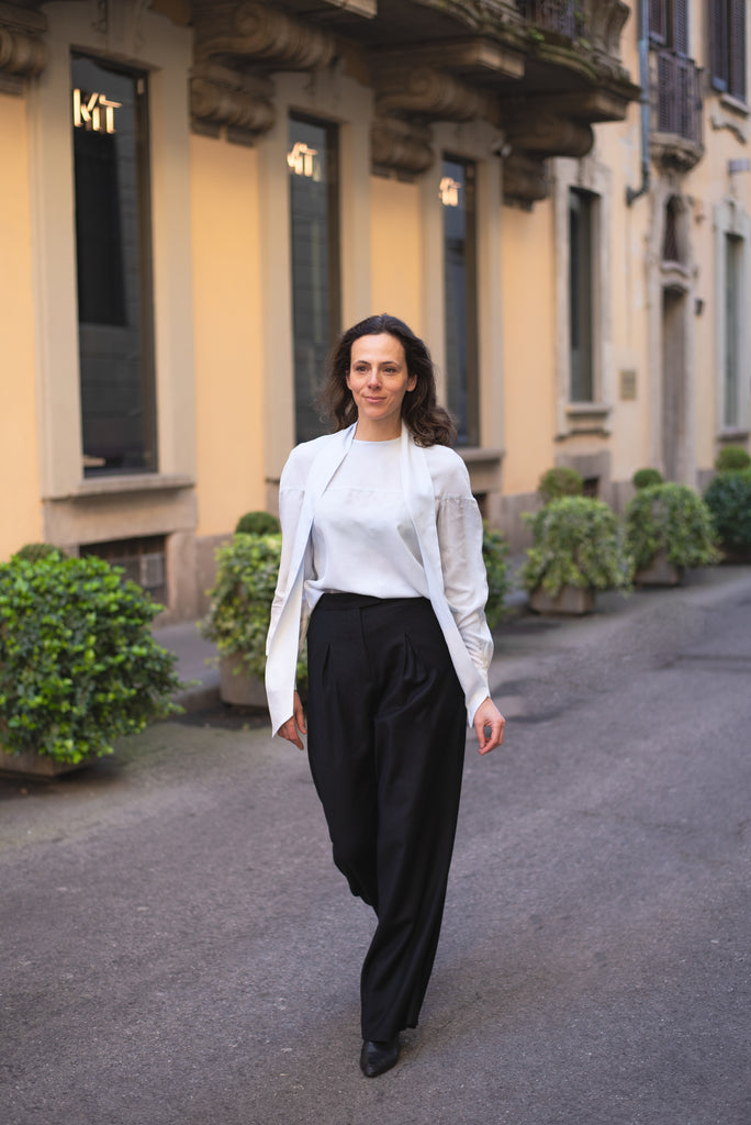 Raquel Palazzo pants in black wool peinatto with pleated waist.