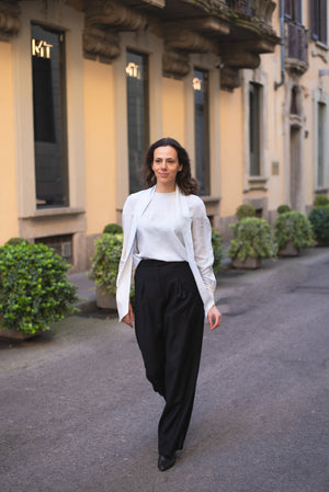 Raquel Palazzo pants in black wool peinatto with pleated waist.