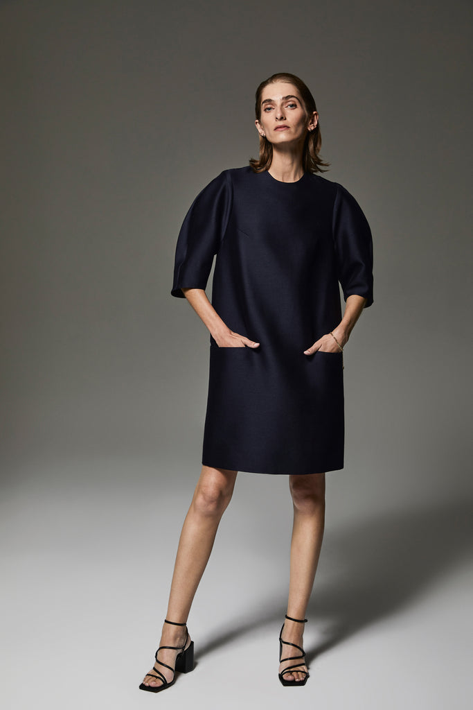 Livia shift dress in midnight blue wool-silk with structured Ottoman sleeves