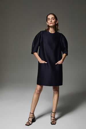 Livia shift dress in midnight blue wool-silk with structured Ottoman sleeves