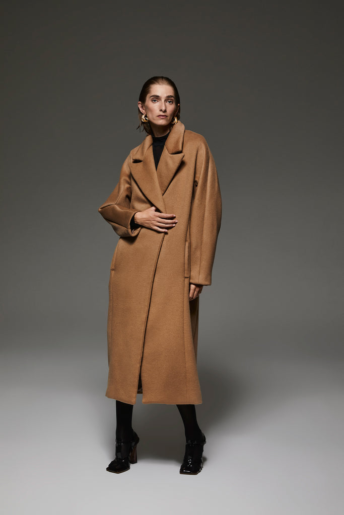 Jennifer long coat in caramel, a double-breasted statement piece in angora-wool blend.