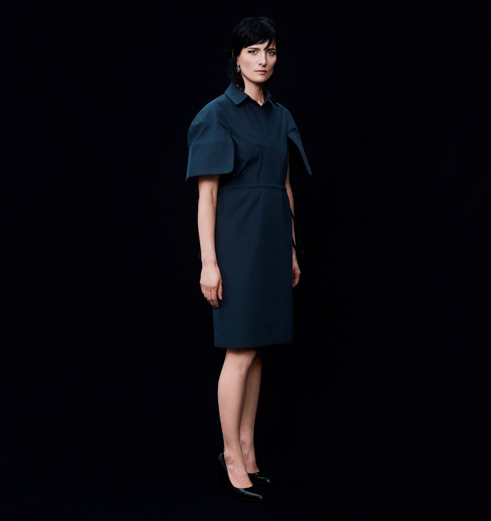 Steel blue Aiko dress in cotton-silk blend for a sophisticated look