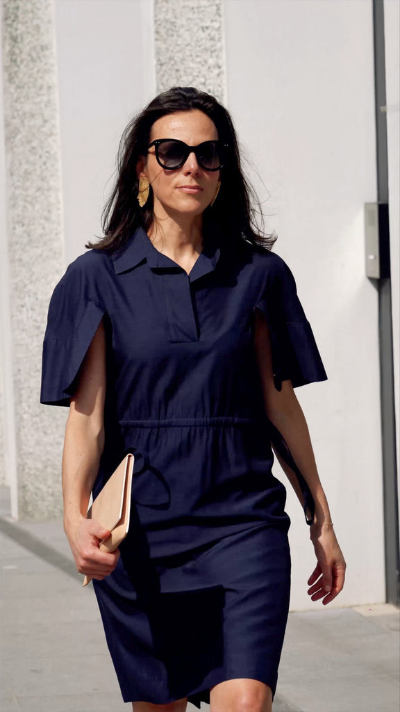 Steel blue Aiko dress in cotton-silk blend for a sophisticated styled  look