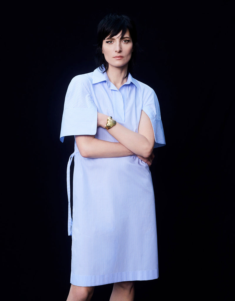 Aiko shirt dress in white blue stripes with short kimono sleeves and adjustable high waist