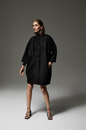 Alexandra cocoon coat in black fine melton wool with concealed fastening
