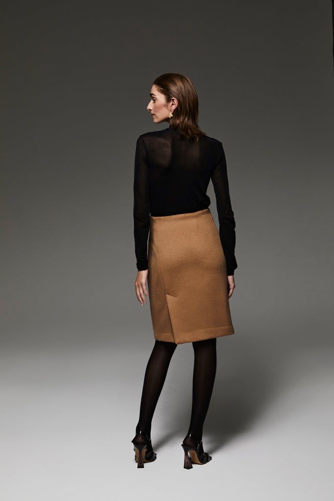 Back of the soft caramel angora-wool blend fabric of the skirt