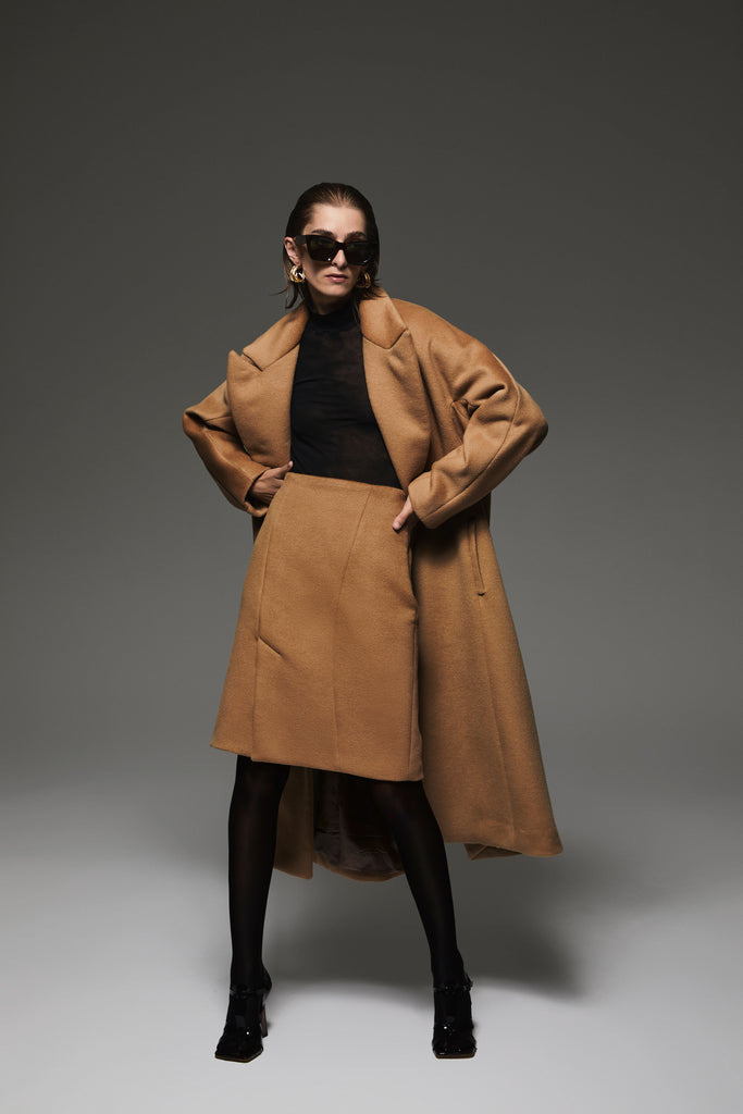 Skirt in caramel angora-wool blend, matching the Jennifer coat