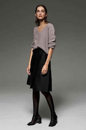 Silk bias tape finishing on the hem of the Emma wool-silk skirt