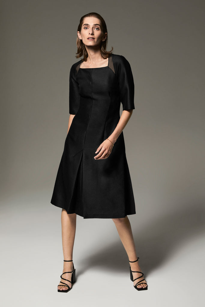 Emma little black dress with square neckline and silk chiffon bolero effect